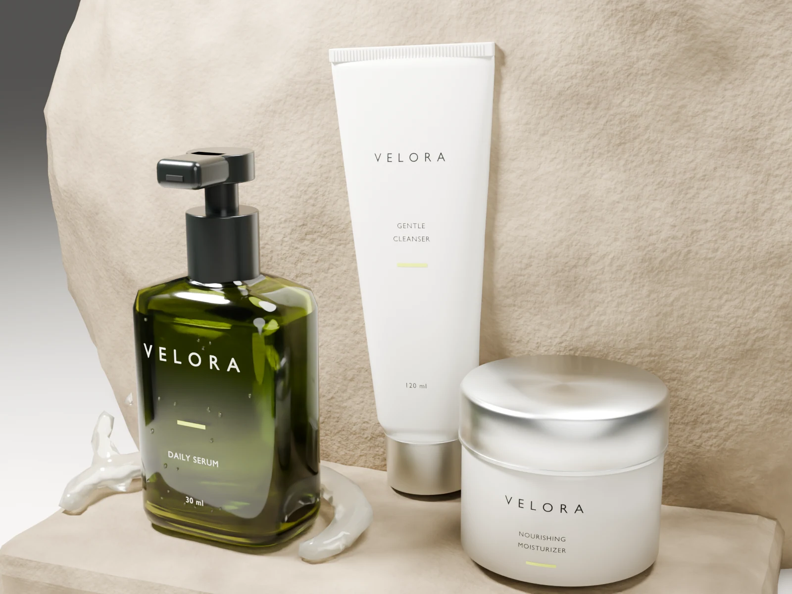 Три продукти VELORA: оливковий флакон сироватки, світлий тюбик та крем із металевою кришкою на камені